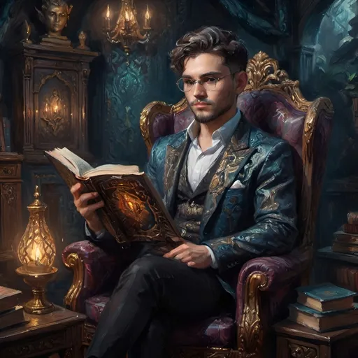 Prompt: (fantasy style), professional TikTok selfie, (charismatic person) sitting in an ornate chair, immersed in reading a mystical book, dark and moody color scheme, rich shadows, and subtle lighting creating an enigmatic atmosphere, stylish outfit reflecting a fantasy theme, highly detailed expression revealing curiosity, intricate patterns in the background, captivating and immersive setting, (4K), ultra-detailed.