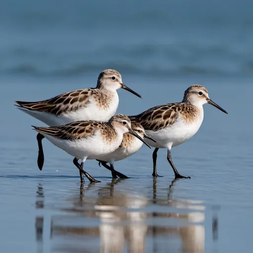 Prompt: Three Spoon-billed sandpipers walking on anker deep water with an ocean in the back ground in Nikon Z9 picture style--ar 2:3 -- s 500 --v 6.0