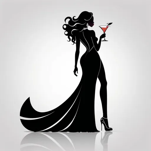 Prompt: A captivating silhouette logo of a stunning black woman, standing tall in a floor-length ball gown and high heels. Her long, flowing hair cascades down her back, and she sips a cocktail with a stylish straw. The logo is rendered with a transparent background. The elegant and sophisticated image exudes a sense of glamour and elegance. Standing on top of the words be sure to incorporate the following  "SIPZ-N-BAE"