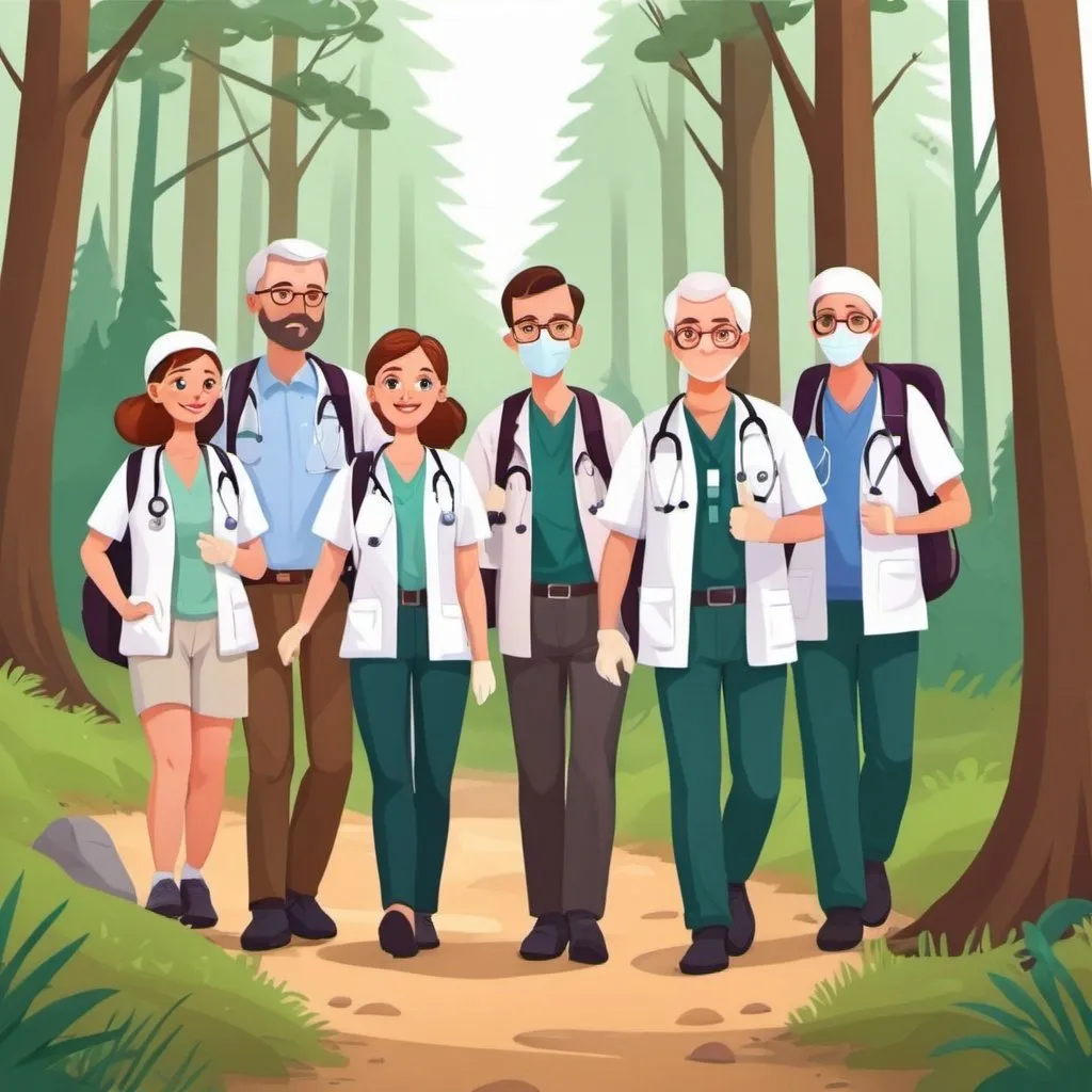 Prompt: A group of oncologists doctors and their families going to an outdoor hike in the forest. Cartoon
