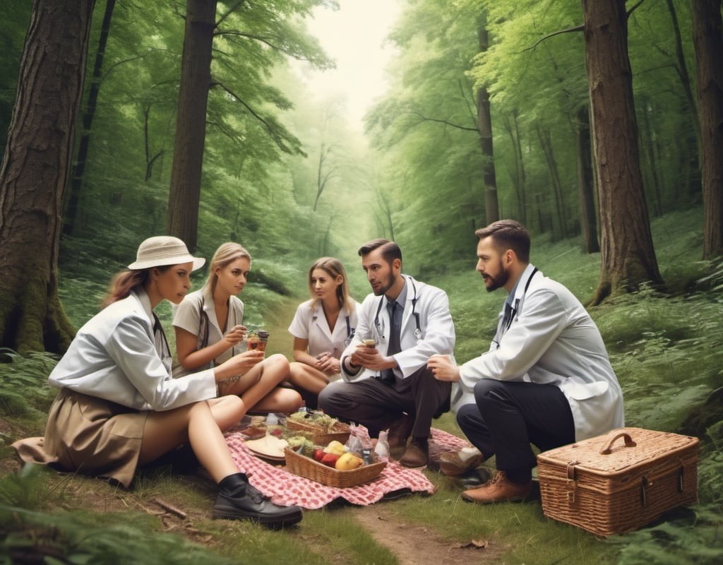 Prompt: Creat an image of doctors hiking and picnicking in a forest   Males and females old style


