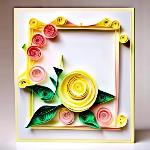 Prompt:  1 bright pale yellow-white background card quilling, a bright pink rose flower branch quilling, extending evenly on both sides and below the frame, above and in the middle is space to write words, beautiful lighting, sharp 3D images