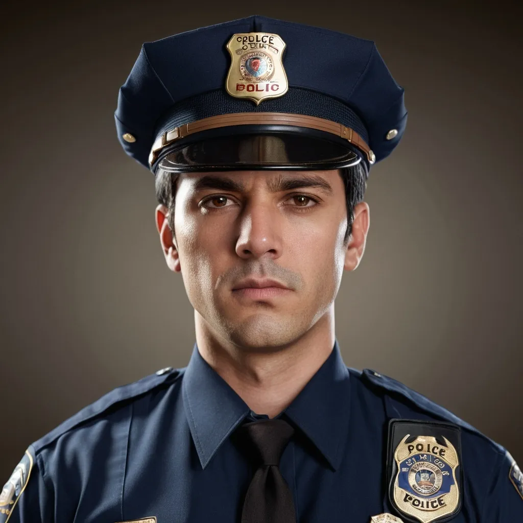 Prompt: A man with brown eyes and black hair wearing a police uniform