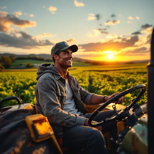 Prompt: "Imagine Cristiano Ronaldo, the world-renowned football star, taking a break from his busy schedule and driving a tractor on a peaceful farm. He's wearing casual clothes and a baseball cap, looking relaxed and focused as he plows the field. The sun sets in the background, casting a golden glow over the lush green crops and rolling hills. Ronaldo, usually seen on the football field, is now embracing the simple joys of farm life with a smile as he drives the powerful tractor, showing a different side of his personality."
