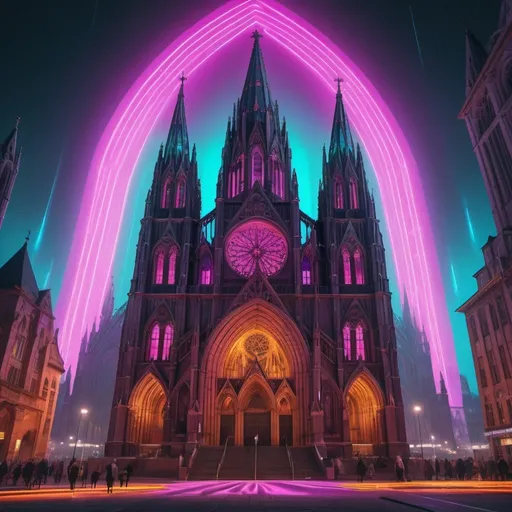 Prompt: Design an NFT image featuring a towering gothic cathedral illuminated by vibrant, retro-futuristic lights reminiscent of the 1960s. The cathedral should exude a sense of ancient majesty, with intricate details and soaring spires. However, instead of the traditional dimly lit ambiance, the scene is bathed in a surreal glow of neon lights. The sky above the cathedral should be filled with psychedelic hues and patterns, reminiscent of the colorful aesthetics of the 1960s counterculture movement. The juxtaposition of the historic architecture with the bold, electric colors creates a visually striking and captivating image, perfect for the world of NFT art.