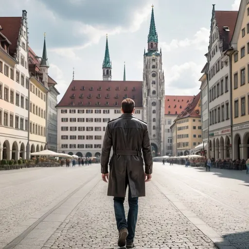 Prompt: jack reacher with back turned walking into Munich in daytime