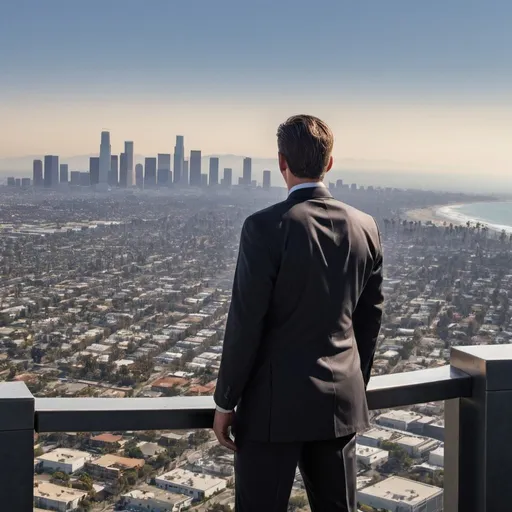 Prompt: cia agent overlooking los Angeles skyline facing ocean  
