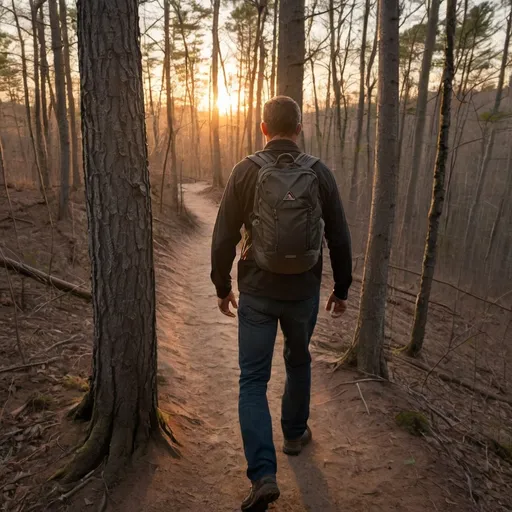Prompt: jack reacher hiking up a wooded trail with his back turned at sunset

