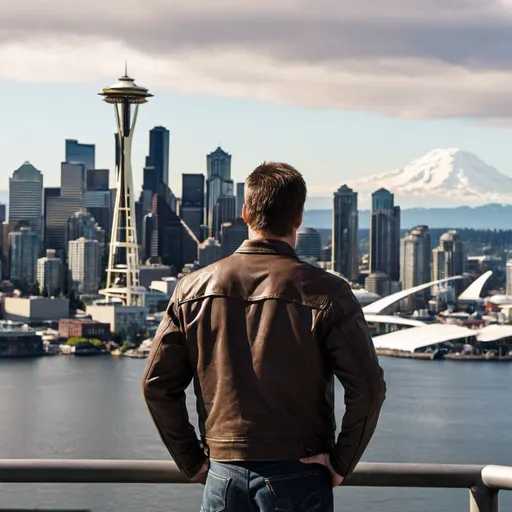 Prompt: jack reacher looking at the Seattle skyline