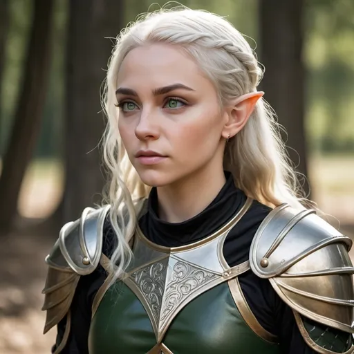 Prompt: Elf Ears, pointed Ears, Female elf  wearing full plate armor, black coloration, modern Game of thrones knight with elvish trim, green shirt underneath armor, covered chest with gold chest plate, exposed shoulders, porcelain skin, no crown, no cleavage, beautiful features, luminant green eyes, wearing earrings, wavy white hair parted to the right, full body shot, walking on the battlefield, muscular, taken using a Canon EOS R camera with a 50mm f/1.8 lens, f/2.2 aperture, shutter speed 1/200s, ISO 100 and natural light, Full Body, Hyper Realistic Photography, Cinematic, Cinema, Hyperdetail, UHD, Color Correction, hdr, color grading, hyper realistic