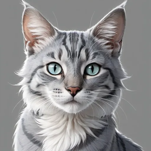 Prompt: Beautiful cat drawing digital,jayfeather from warrior cats,pale grey,darker grey markings 