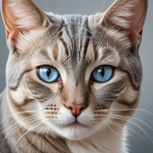 Prompt: Realistic pale grey cat head view  with tabby markings,beautiful and amazing  Jay blue eyes art
