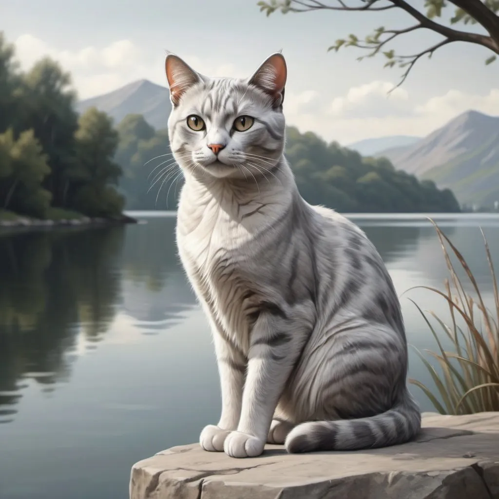 Prompt: Cat realistic but slightly styled art,pale grey darker grey markings ,beautiful,lake backdrop,kind of stylised,pretty 