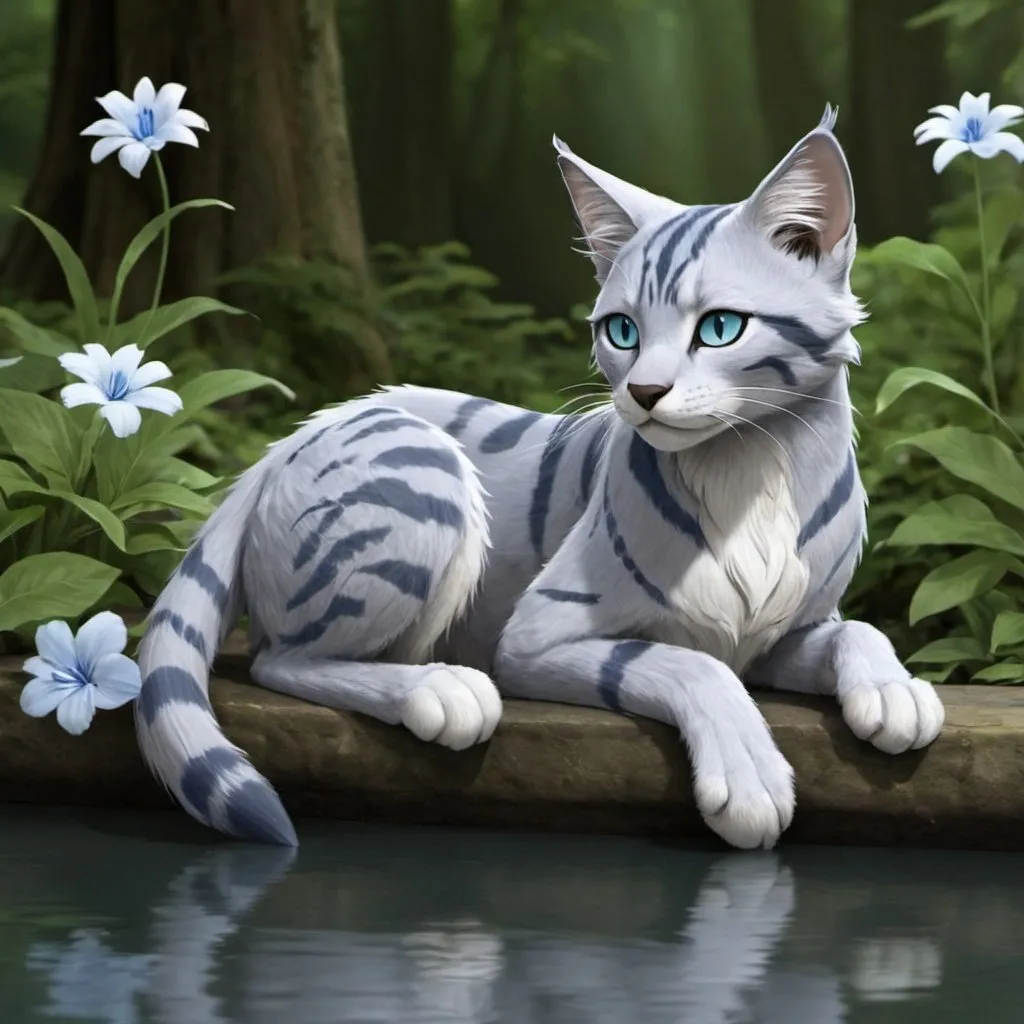 Prompt: Jayfeather from warrior cats,i font of the lake,pretty flowers,pale silver grey,darker grey markings beautiful 