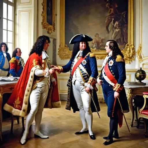 Prompt: Louis xiv talking with Napoleon at Versailles 