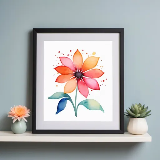 Prompt: a framed picture with the design of a water color flower