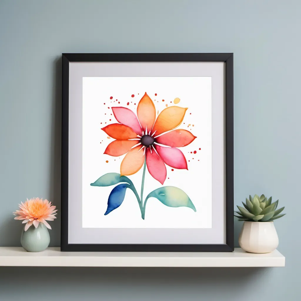 Prompt: a framed picture with the design of a water color flower