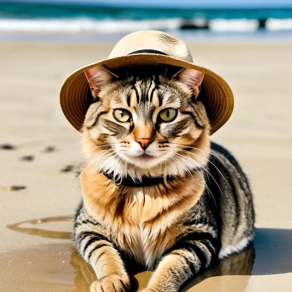Prompt: A cat with a hat on a beach 