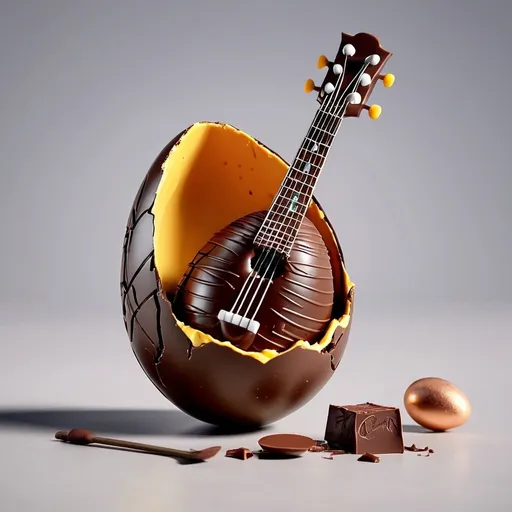 Prompt: realistic cracked chocolate Easter egg in half, with musical instruments inside, realistic
