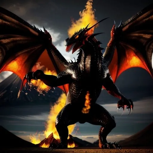 Prompt: large angry photorealistic evil dragon with giant black wings spread,  blowing fire, standing on a volcano 