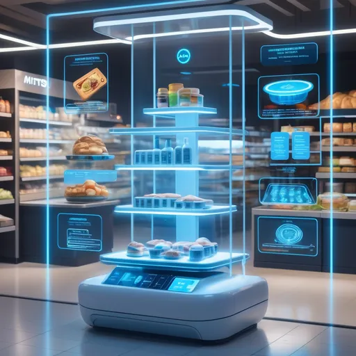 Prompt: a futuristic display of food safety in a store with a blue light on top of it and a blue light on the bottom of the display, Ai-Mitsu, futurism, future, a hologram