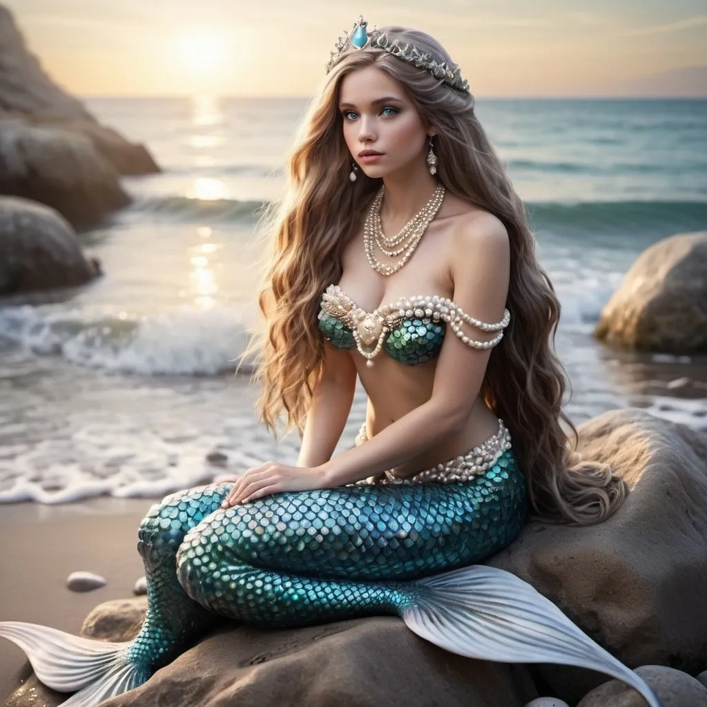 Prompt: a realistic and beautiful mermaid sitting on a rock on the beach watching the shore. she has really long hair covering her chest and is covered in pearls, shells, and jewels