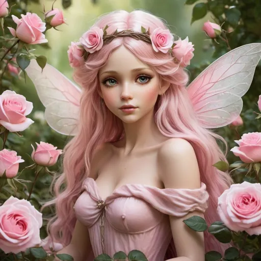 Prompt: a realistic garden fairy in a bush of pink roses. she is beautiful and gorgeous but also dainty and delicate. she is tending to the flowers. her wings are also pink. she has long beautiful princess hair.