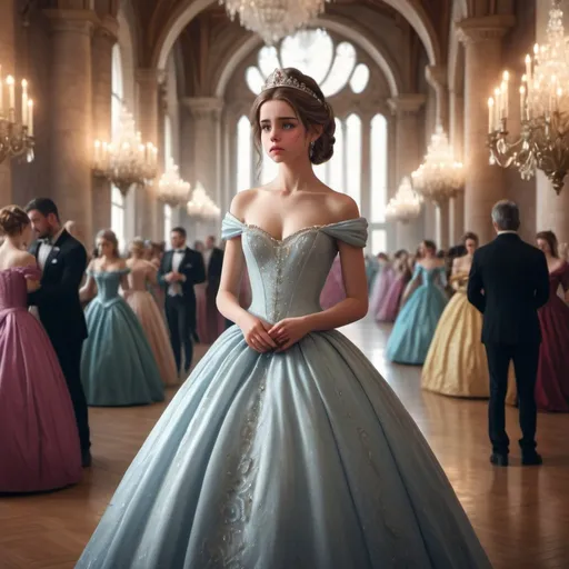 Prompt: a realistic and beautiful princess in the ballroom of a very large castle. there is a ball going on and she is in a beautiful ballgown. she is sad and alone despite being in a crowd. 