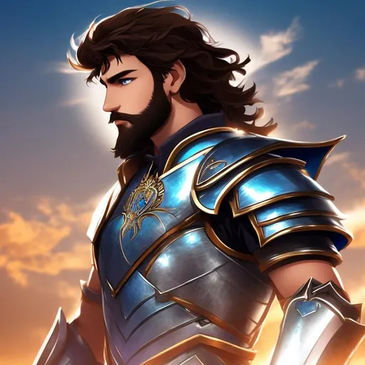 Prompt: Male human fighter, full plate armor, light brown wavy Hair, trimmed beard, blue eyes, visible face, handsome face, high fantasy,