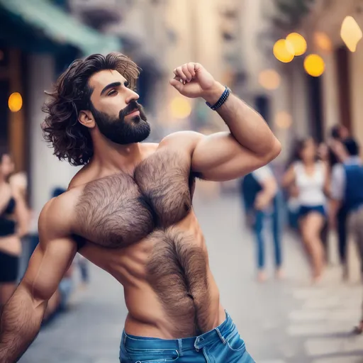 Prompt: A full frame photorealistic image of a handsome greek man, fit with a very hairy chest and forearms, dancing in the stree with a bokeh background