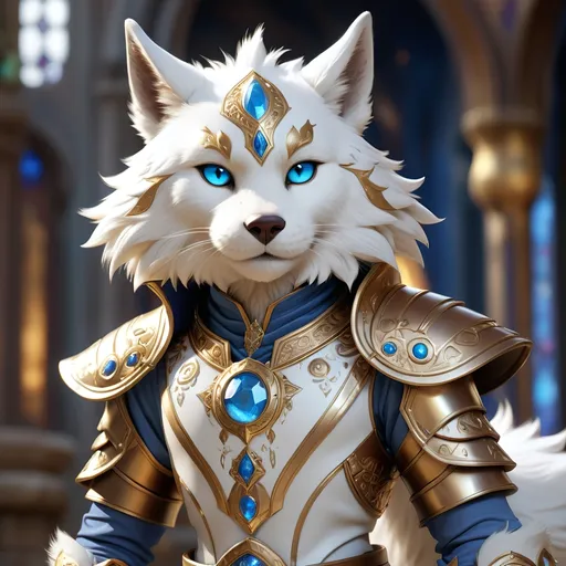 Prompt: A Furry dressed in Astral Scholar Outfit which shimmering white and bronze mage-like armor with intricate gold designs and blue gemstones, masterpiece, best quality