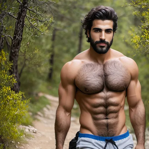 Prompt: A photorealistic, uhd, gorgeous greek man, fit with a very hairy chest and forearms, hiking on a trail