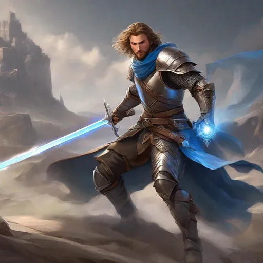 Prompt: Male human fighter, duel-wielding bastard swords, full plate armor, light brown wavy Hair, trimmed beard, blue eyes, visible face, ruggedly handsome face, high fantasy,