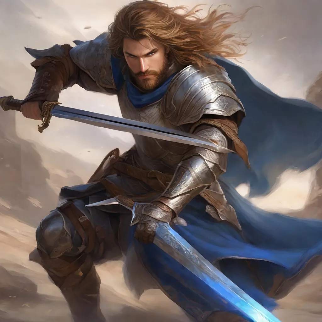 Prompt: Male human fighter, duel-wielding bastard swords, full plate armor, light brown wavy Hair, trimmed beard, blue eyes, visible face, ruggedly handsome face, high fantasy,