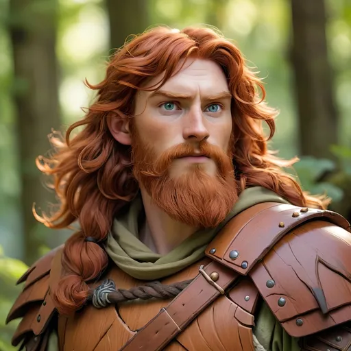 Prompt: A human male Druid with wavy auburn hair and beard, wearing wooden armor
