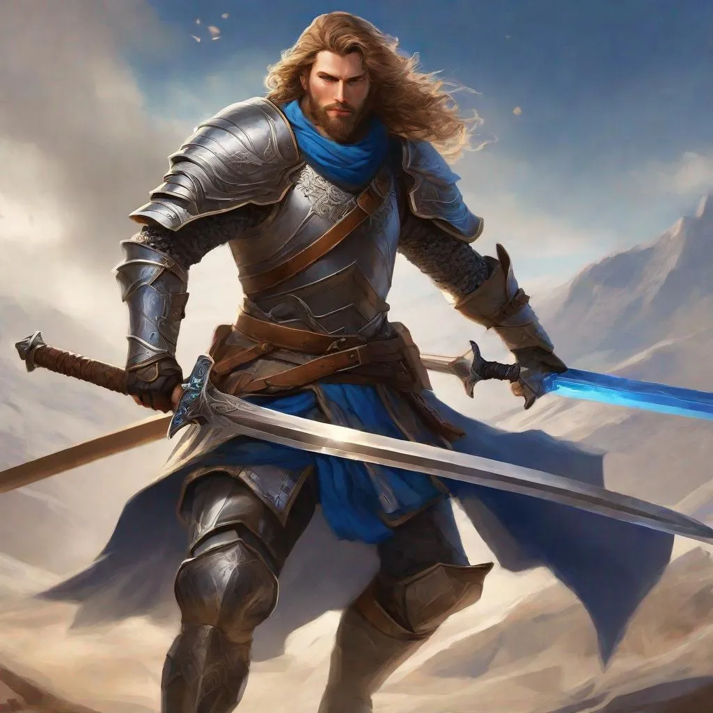 Prompt: Male human fighter, full plate armor, light brown wavy Hair, trimmed beard, blue eyes, visible face, ruggedly handsome face, high fantasy, duel-wielding bastard swords