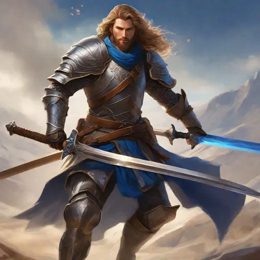 Prompt: Male human fighter, full plate armor, light brown wavy Hair, trimmed beard, blue eyes, visible face, ruggedly handsome face, high fantasy, duel-wielding bastard swords