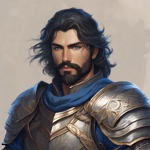 Prompt: Male human fighter, wielding a falcata, full plate armor, black wavy styled Hair, trimmed beard, blue eyes, visible ruggedly handsome face, high fantasy,