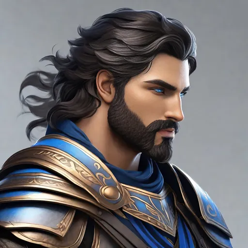 Prompt: Male human Greek ancestry, fighter, wielding a falcata, full plate armor, black wavy styled Hair with glossy highlights, trimmed beard, blue eyes, visible ruggedly handsome face, high fantasy,