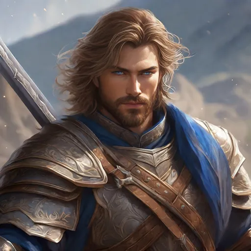 Prompt: Male human fighter, duel-wielding bastard swords, full plate armor, light brown wavy Hair, trimmed beard, blue eyes, visible face, ruggedly handsome face, high fantasy,