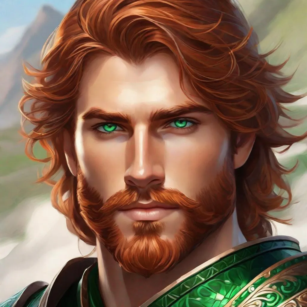 Prompt: Male human, scottish ancestry, warrior, wielding a falcata, symmetrical full plate armor, auburn wavy Hair with glossy highlights, trimmed beard, very detailed emerald eyes, visible ruggedly handsome detailed face, high fantasy,