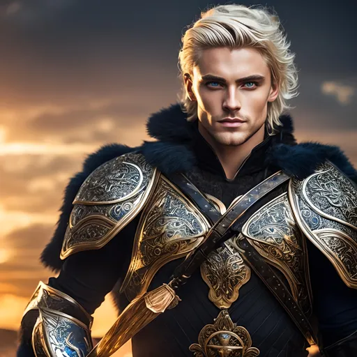 Prompt: Male human fighter, plate armor, fur cloak, blonde Hair, blue eyes, visible face, handsome face features, high fantasy,
