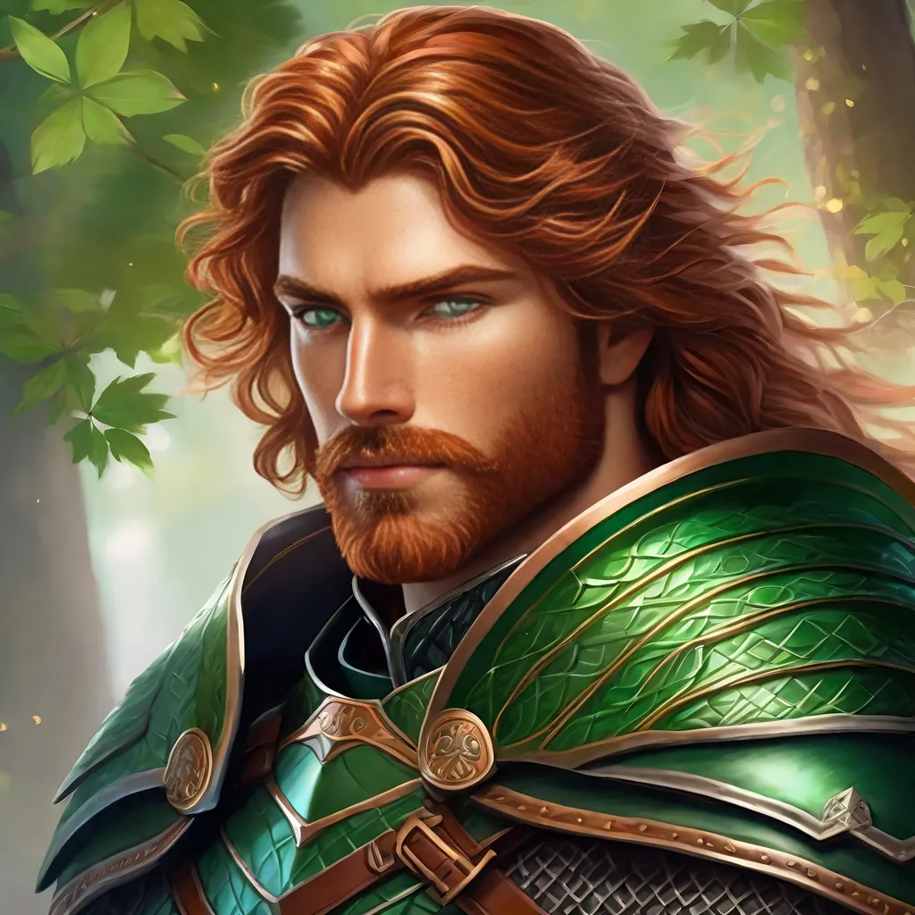 Prompt: Male human, scottish ancestry, warrior, wielding a falcata, symmetrical full plate armor, auburn wavy Hair with glossy highlights, trimmed beard, very detailed emerald eyes, visible ruggedly handsome detailed face, high fantasy,