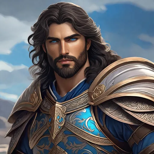 Prompt: Male human, Greek ancestry, warrior, wielding a falcata, full plate armor, black wavy Hair with glossy highlights, trimmed beard, very detailed blue eyes, visible ruggedly handsome detailed face, high fantasy,