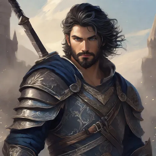 Prompt: Male human fighter, duel-wielding bastard swords, full plate armor, black wavy styled Hair, trimmed beard, blue eyes, visible ruggedly handsome face, high fantasy,