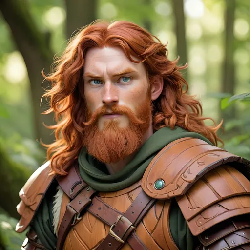 Prompt: A human male Druid with wavy auburn hair and beard, wearing wooden armor
