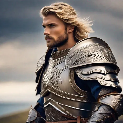 Prompt: Male human, nordic ancestry, warrior, wielding a falcata, symmetrical full plate armor, dirty blonde short wavy Hair with glossy highlights, trimmed beard, very detailed sapphire  eyes, visible ruggedly handsome detailed face, high fantasy,