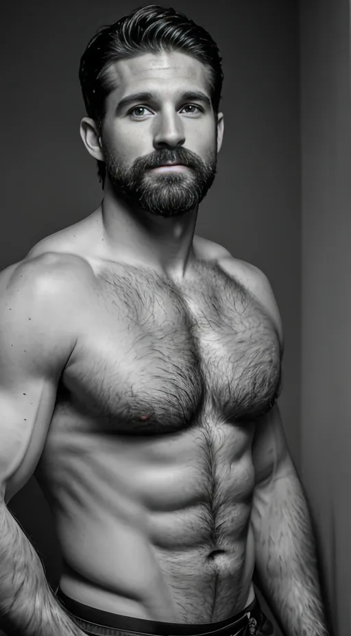 Prompt: Long-shot photo of a ruggedly handsome 30 year old American god with strong facial similarity with the image reference  adding hairy chest, short auburn hair, very detailed eyes,  centered in frame, 85mm lens, f8, photography, intricate details, very detailed eyes, correct perspective, natural light