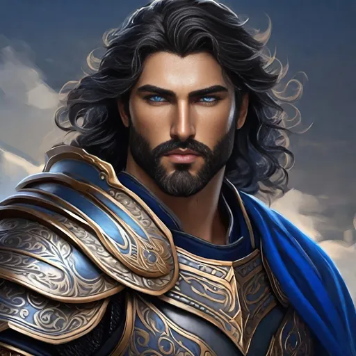 Prompt: Male human, Greek ancestry, warrior, wielding a falcata, symmetrical full plate armor, black wavy Hair with glossy highlights, trimmed beard, very detailed dark blue eyes, visible ruggedly handsome detailed face, high fantasy,