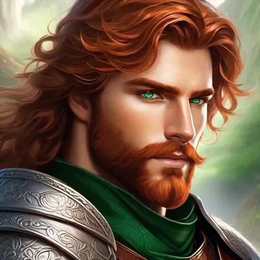 Prompt: Male human, scottish ancestry, warrior, wielding a falcata, symmetrical full plate armor, auburn wavy Hair with glossy highlights, trimmed beard, very detailed emerald eyes, visible ruggedly handsome detailed face, high fantasy,